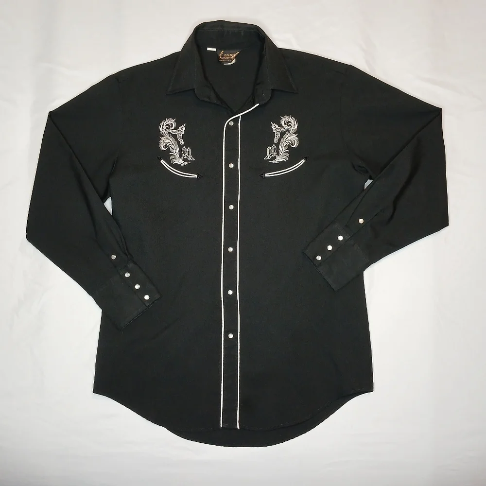 Caravan Western Wear Vtg Pearl Snap Button Down Shirt Mens Lg Black Embroidered - Picture 1 of 7
